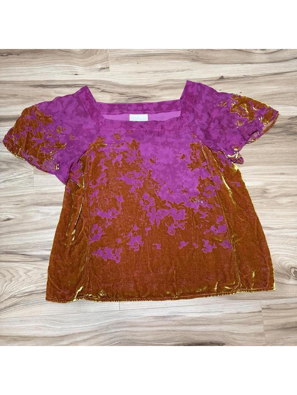 Maeve Anthropologie Burnout Velvet Silk Top Small Magenta Rust Boho Fairy S